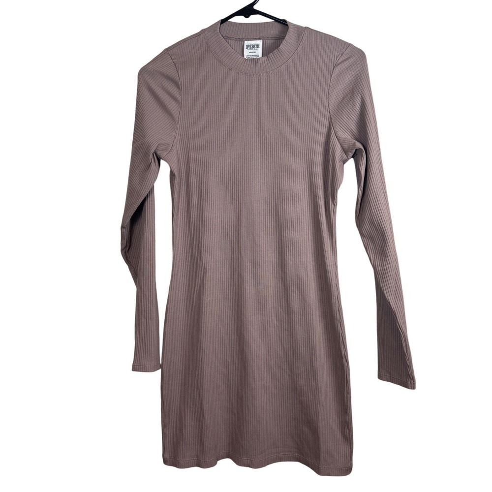 PINK by‎ Victoria Secret Ribbed Long Sleeve Mock Neck Mini Dress Taupe Size MED